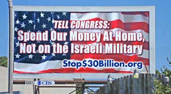 Los Angeles, California – June, 2012: This ad calls on Americans to "tell congress" to spend its money "at home" instead of in Israel.