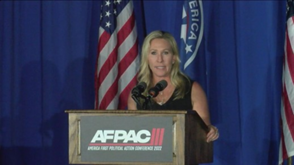 Rep. Marjorie Taylor Greene speaking at the AFPAC III conference in Orlando, FL on February 5, 2022.
