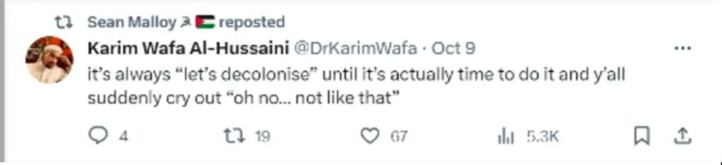 A member of the ICZ retweets a post on X defending the October 7 Hamas attack.