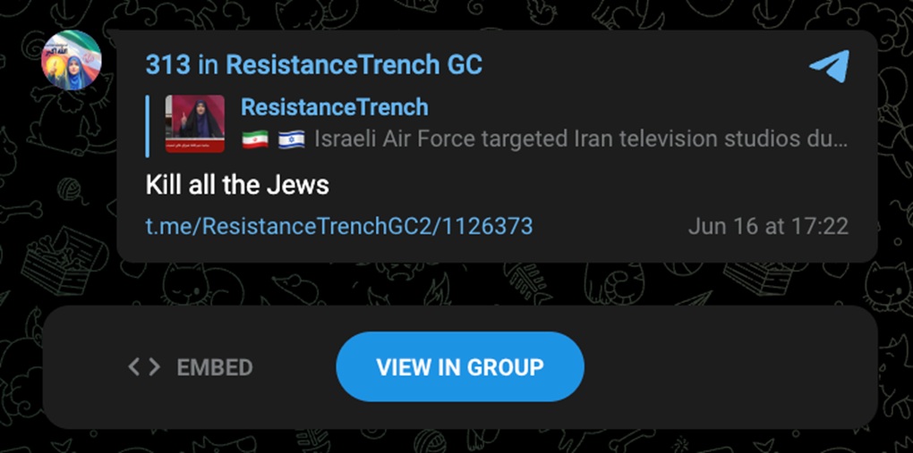 A message on Telegram reading: "Kill all the Jews"