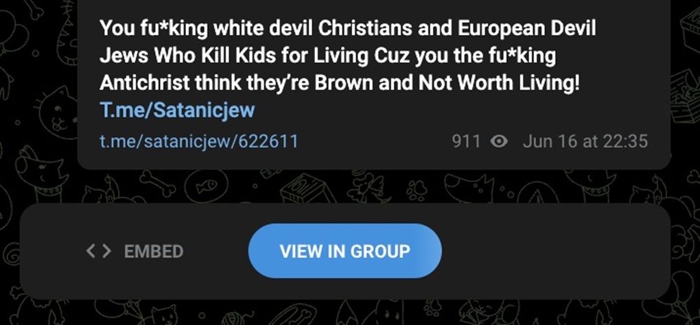 An antisemitic message on Telegram