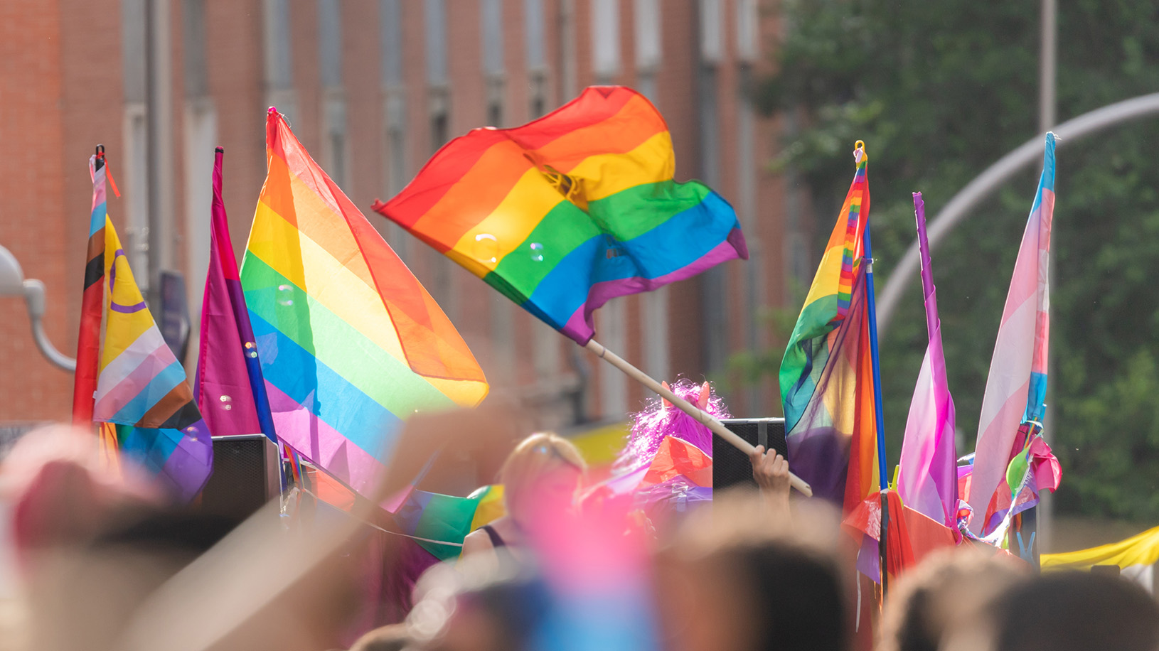 Pride parade with flags and people in the street