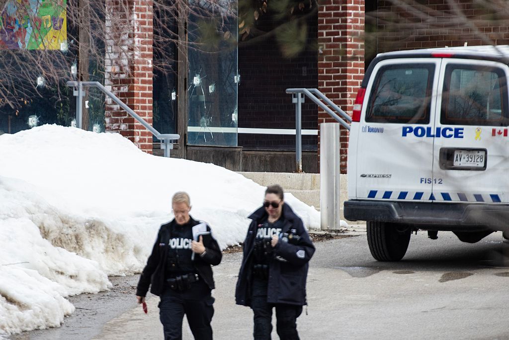 Photo: Multiple bullet holes can be seen along a series of windows at Temple Emanu-El, which was shot at late Monday night March 2, 2026, in North York. No injuries were reported. (Nick Lachance/Toronto Star via Getty Images)