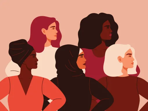 Five women of different nationalities illustration, standing together looking to the right