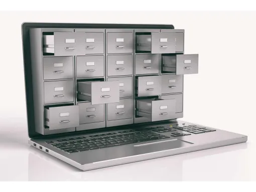 laptop with 3D filing cabinets popping out