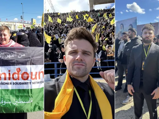 In-person attendees at the joint funeral of Hezbollah leaders Hassan Nasrallah and Hashem Safieddine in Beirut, Lebanon, on February 23, 2025, included (left to right) Charlotte Kates, Jackson Hinkle and Haz Al-Din