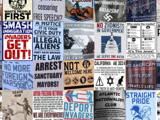A collage of white supremacist propaganda flyers, featuring white supremacist groups and slogans