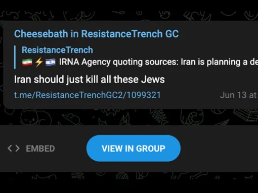 A message on Telegram reading: "Iran should just kill all these Jews."