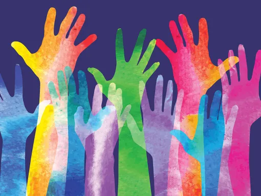 Illustration of colorful tie dye hands reaching up on dark blue background