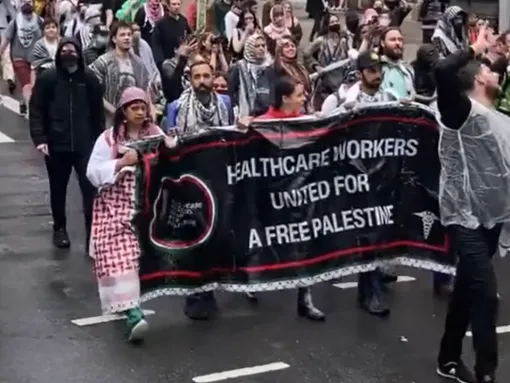 Healthcare Workers for Palestine at the Flood Manhattan for Rafah rally on May 27, 2024