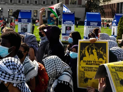 Columbia students organize memorials and rallies on the first anniversary of Hamas's October 7, 2023, terror attack, on October 7, 2024, in New York City. Anti-Israel protesters hold "Victory of the Resistance" signs, a slogan that references Palestinian terror groups, including Hamas