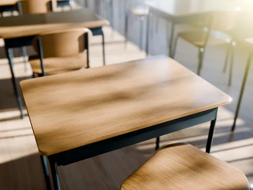 School desks with morning light