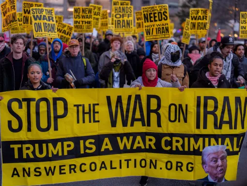 Photo: An ANSWER Coalition protest opposing the military operation against the Iranian regime on March 2, 2026 in New York City. (Adam Gray/Getty Images)