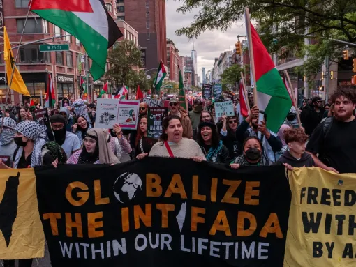 Pro-Palestinian activists march during a protest on Nakba Day, May 15, 2026, in New York City