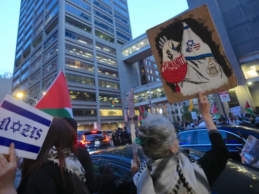 A protest at Park East Synagogue in Manhattan on Tuesday, May 05, 2026, in New York City. (Selcuk Acar/Anadolu via Getty Images).