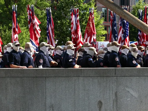 Members of the white supremacist group Patriot Front are seen at Eastern Market metro station on July 4, 2026, in Washington, D.C.