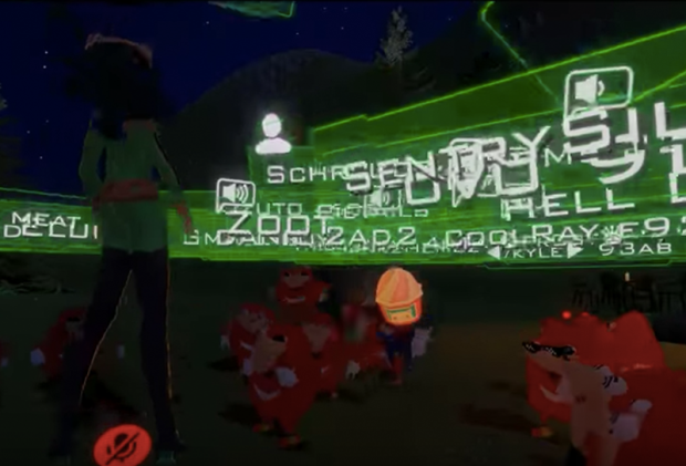Dozens of Ugandan Knuckles avatars surround a feminine avatar, chasing the target and making spitting noises.