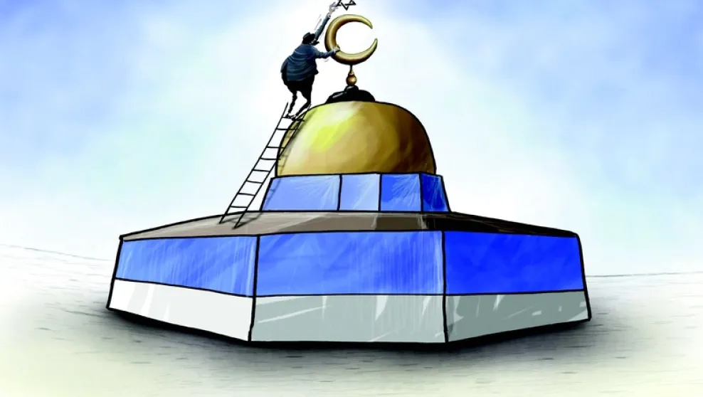 Anti-Semitic cartoon showing a shadowy figure replacing the star and crescent with the Star of David