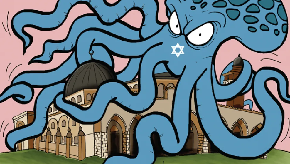 Anti-Semitic cartoon showing Israel as an octopus, strangling the Temple Mount