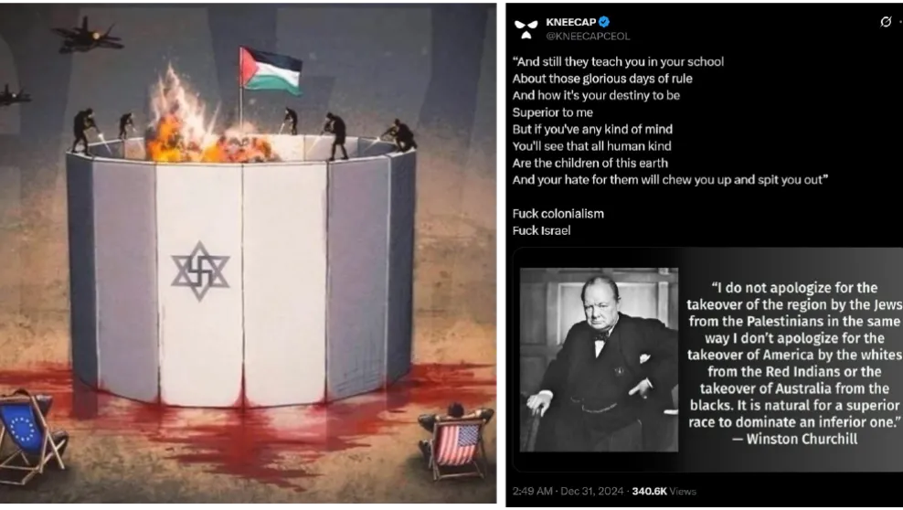 Cartoon captioned Israel is a terrorist state and photo of Winston Churchill quote